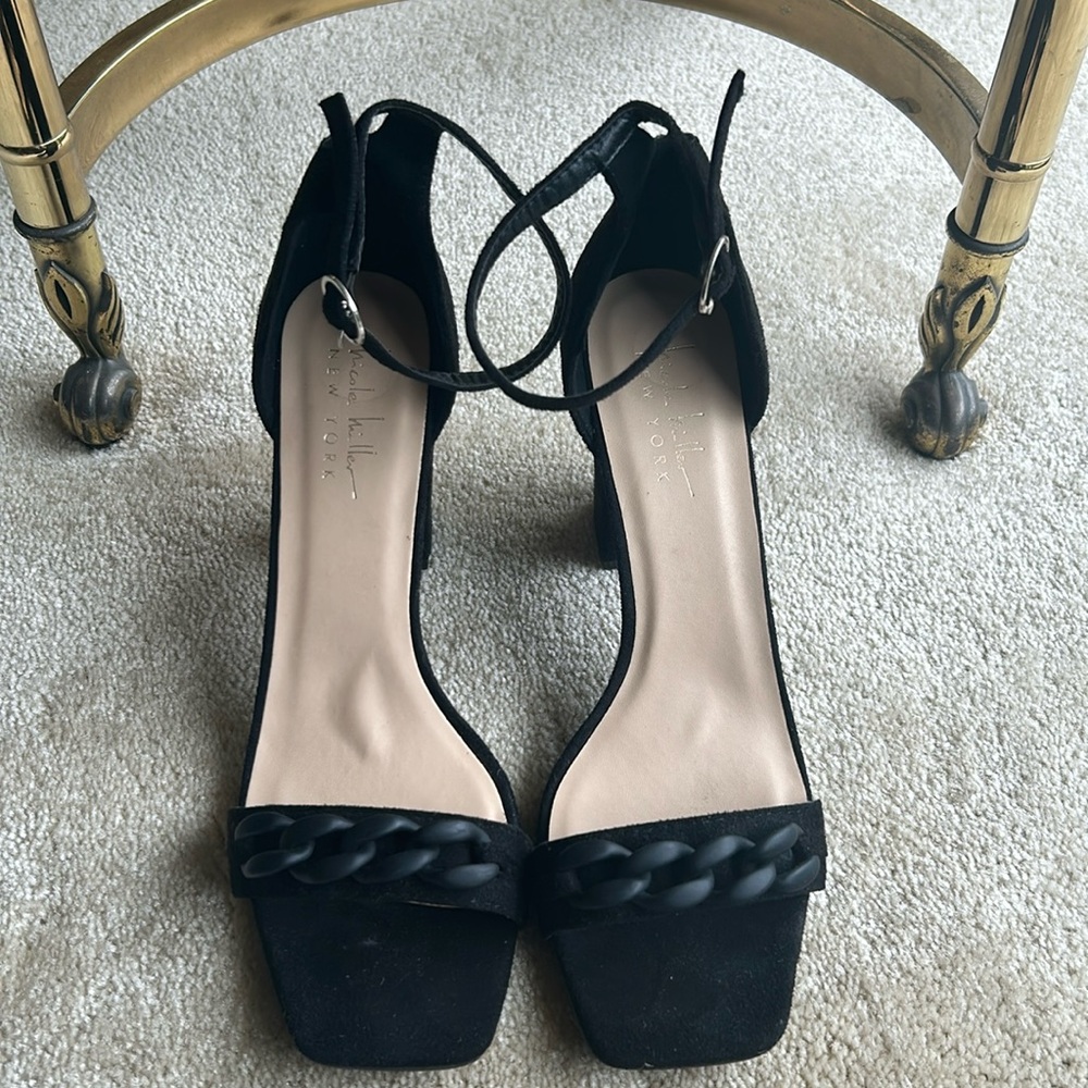 Nicole Miller Carina Black Suede Chain Block Heel Sandal Size 9